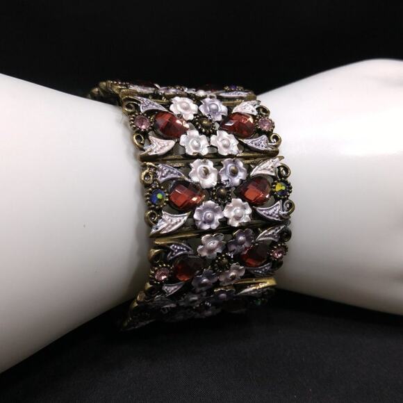 Floral White Enamel Plum Pink AB Blue Rhinestones Stretch Bracelet, 7 Inches - Picture 2 of 7